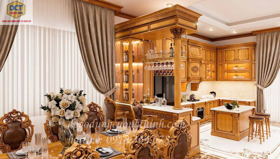 Tủ bếp kết hợp tủ rượu, quầy bar, đảo bếp